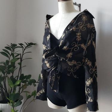 Vintage Black and Gold Sheer Embellished Button Down Top| 90's Boho Chic Embroidered Top 