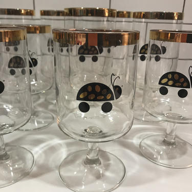 Vintage Barware - 6 Wine and 6 Water Glasses - Ladybug Pattern 