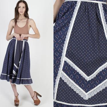 Navy Blue Gunne Sax Skirt With Pockets / 70s Calico Floral High Waist Skirt / Vintage 70s Bouquet Country Folk Prairie Mini 
