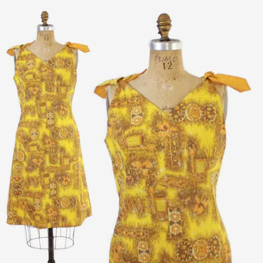 Vintage 60s SUN DRESS / 1960s Gold Tribal Hawaiian Print Cotton Bow Trim Sheath Dress  M - L 