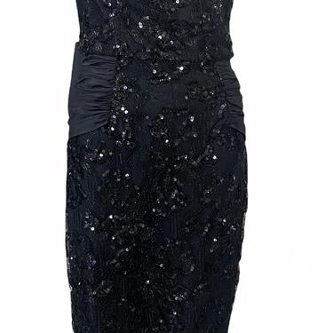 Vicky Tiel 80s Black Strapless Lace and Sequin Cocktail Dress