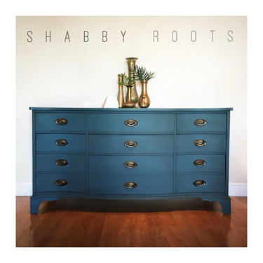 SOLD- Vintage indigo blue long dresser. Bow front Triple dresser modern antique chic chest of drawers San Francisco Bay Area by Shab