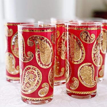 Vintage Culver glassware sets of 4 Paisley highball cocktail glasses Red & gold boho barware Bohemian home bar decor MINT 