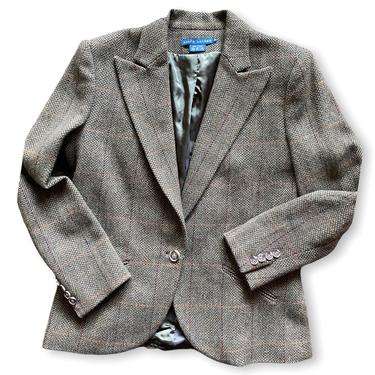 vintage Ralph Lauren Brown Tweed Blazer 100% Wool Preppy Equestrian One Button Jacket S/M 