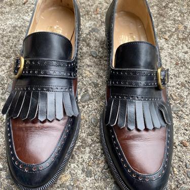 90’s Ferragamo leather loafers~ Fringed brown &amp; black~ stacked wooden heel~ androgynous style~ 1990’s hipster size 81/2 B 