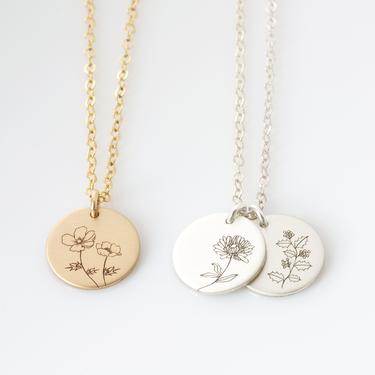 Personalized Birth Flower Necklace, Birth Month Mom Necklace, Daisy Poppy Rose Necklace, Mothers Gift Gold, Silver, Rose Gold Gift for Her 