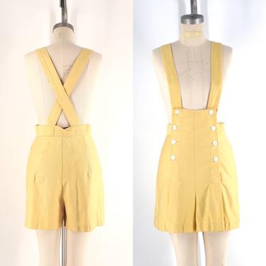 40s rare romper overalls sz L / vintage 1940s pale yellow cotton sportswear overalls shorts 32&amp;quot; waist 