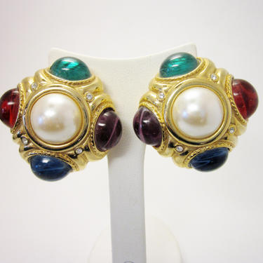 Vintage 1980s Oversize Runway Earrings Chanel Inspired Gripoix Style Statement with Jewel Tone Pooled Glass Cabochons and Faux Pearl Detail 