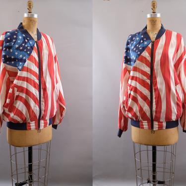 90s American Flag Silk Bomber Jacket Oversized US Flag / Stars & Stripes 