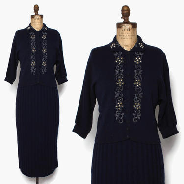 Vintage 40s Beaded Knit Set / 1940s Beaded Navy Blue Sweater Knit Top &amp; Skirt Dress Set 
