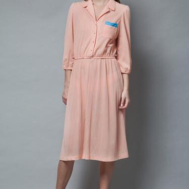 secretary dress vintage 70s orange blue tangerine striped day dress M - Medium 