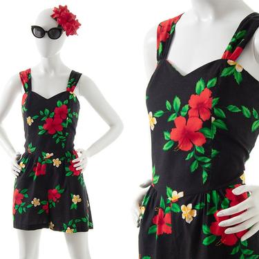 Vintage 1980s Romper | 80s 90s Hawaiian Hibiscus Floral Print Smocked Cotton Black Red Shorts Playsuit Jumpsuit (large/x-large) 
