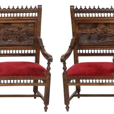 Antique Armchairs, French Breton Carved Oak Chairs, Red Velvet, Early 1900s!!