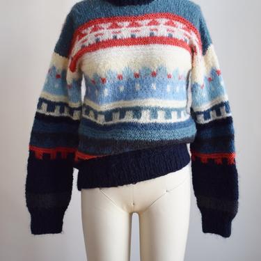 Vintage Hand Knit Mohair Sweater w Darns | S | 1980s Colorful Blue + Red Pullover with Geometric Pattern, Long Sleeves 