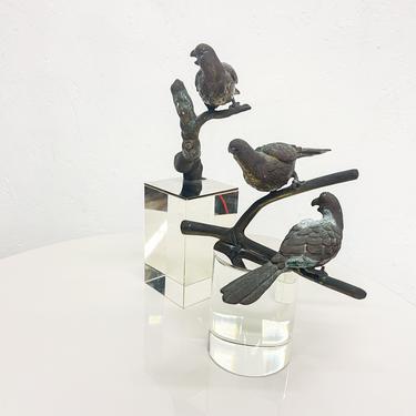 Lyrical Birds Modern Bronze Sculpture on Crystal Blocks 1960s Giacometti Style 