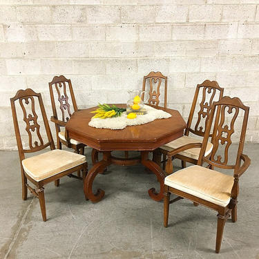 LOCAL PICKUP ONLY Vintage Table and Chairs Retro 1970's Carved Wood Table with Scroll Legs and Set of 5 High Backed Chairs with Velvet Seats 