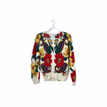 Vintage Hand Knitted Poinsettia Christmas Cardigan Sweater by Eagle Eye, Small 