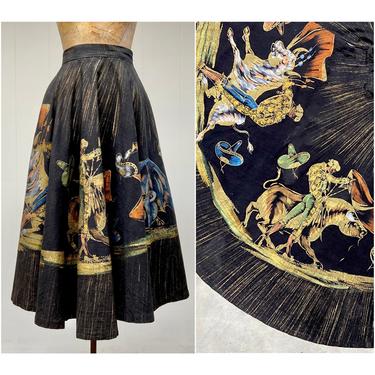 Vintage 1950s Mexican Hand-Painted Circle Skirt, Black Cotton Metallic Matadors Bullfight Souvenir Wrap Skirt, Mint Condition, Small-Medium 
