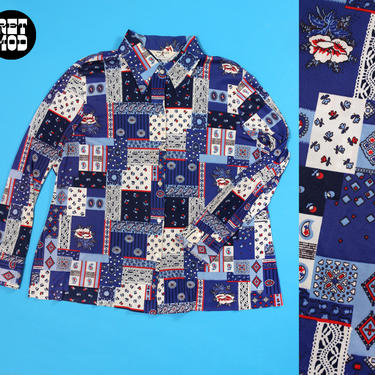 Men&#39;s Vintage 70s Blue Patchwork Novelty Print Long Sleeve Collared Button Down Shirt 