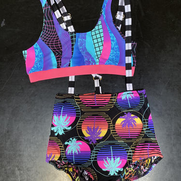Vapor Wave High Rise Bikini Bottom-Suspender Briefs-Tropical Swimsuit-Palm Trees-High Waisted Bikini Bottom-Costume-Rave-Unisex-Suspenders 