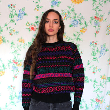 Vintage 1980s Retro Nordic Geometric Knit 100% Wool Pullover Sweater in Black, Pink, Emerald and Purple by Meister, Size Small 