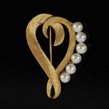Vintage Solid 14k Gold Mid-Century Modern Stylized Heart Brooch Pearls 