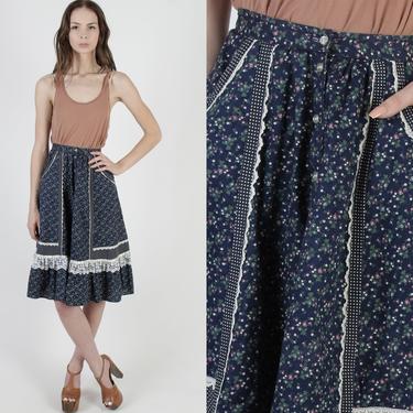Vintage 70s Womens Gunne Sax Skirt Navy Blue Calico Prairie Skirt With Pockets Womens High Waist Skirt 