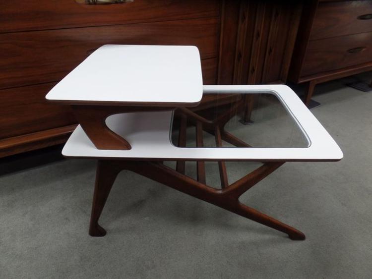 Mid-Century Modern white and walnut step table with glass insert