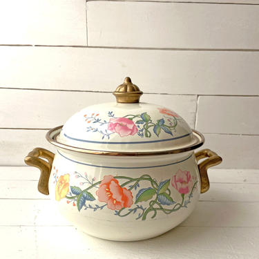 Vintage Floral Cooking Pot With Lid, Enamelware, Pink, Blue, Green, Yellow Flowers | Antique Cookware, Dinnerware, Kitchen Decor, Planter 