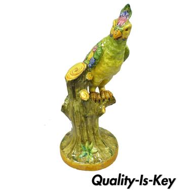 Vintage Italian Terracotta Ceramic Hollywood Regency Green Perched Parrot Bird