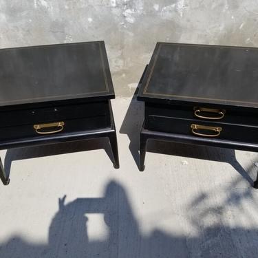 Mid Century American Of Martinsville Ebonized Wood Brass Hardware Square Chinoiserie Style 2 Drawer End Tables