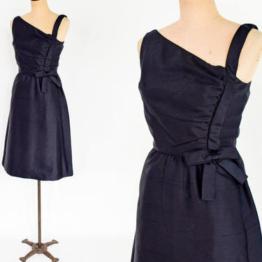 1960s Black Silk Party Dress | 60s Black Dupioni Silk Evening Dress | Jerry Silverman | Extra Small 