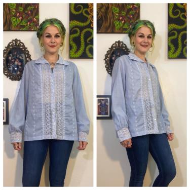 Vintage 1970’s Blue Blouse with Eyelet Lace 