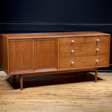 Drexel Declaration Walnut Lowboy Dresser Credenza Sideboard by Kipp Stewart - Mid Century Modern Danish Style Furniture 