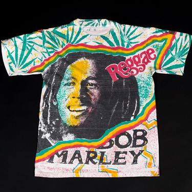 Vintage 90s Bob Marley T Shirt - Medium | Reggae Music All Over Print Graphic Tee 