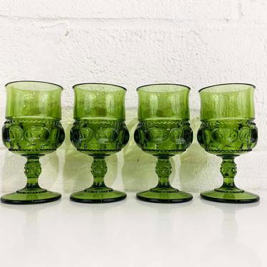 Vintage Green Kings Crown Goblets Mount Vernon Water Glasses Thumbprint Stemmed Set of Four Indiana Glass Olive Green Avocado 1960s 