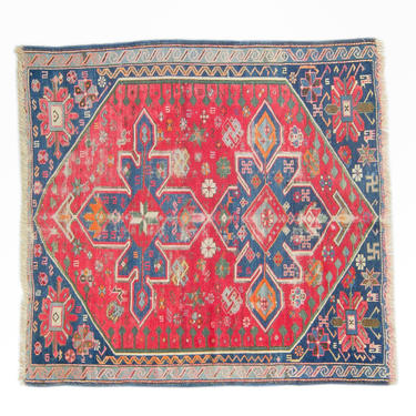 Antique 3’4” x 3’6” Caucasian  Rug Colorful Square Rug Kazak Red Blue Small Geometric Accent Wool Pile Rug 1890's - FREE DOMESTIC SHIPPING 