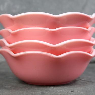 Hazel Atlas Dessert Bowls - Set of 4 Gorgeous Peach/Pink Glass Crinoline/Scalloped Edge Bowls - Pink Bowls | FREE SHIPPING 