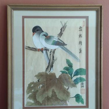 Vintage Asian Woodblock Print Perched Lovebirds Nature Scene 18x22 