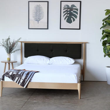 Mid century modern platform bed / upholstered headboard / platform storage bed / platform bed / solid wood bed / wood platform bed oak bed 