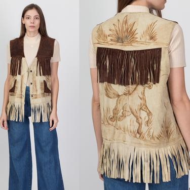 70s Southwestern Burned Suede Souvenir Vest - Men's Medium, Women's Large | Vintage Fringe Boho Hippie Leather Sleeveless Top 
