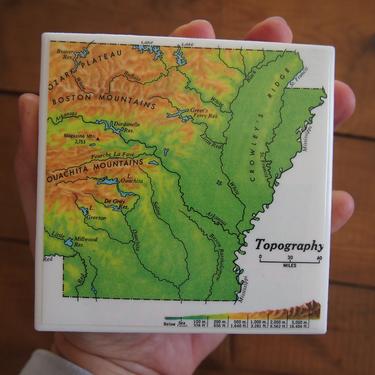 1979 Arkansas Vintage Elevation Map Coaster - Ceramic Tile - Repurposed 1970s Hammond Atlas - Handmade - Topography - Ozark Mountains 