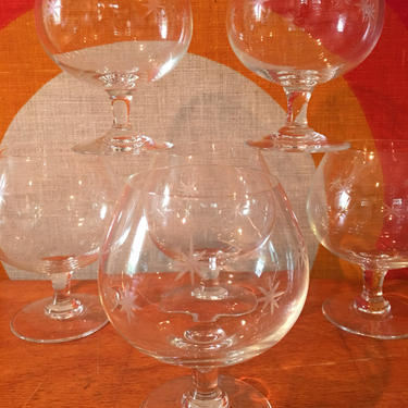 Mid Century Modern Starburst Brandy Glasses, Etched Starburst Design, Set of 6, Mid Century Barware, Retro Cocktail Glasses 