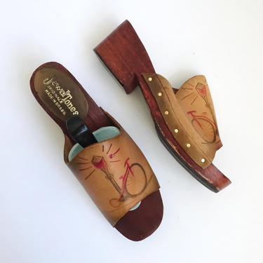 Vintage 70s Tooled Leather Sandals with Wooden Heel/ 1970s Hand Painted Slip On Clogs/Jewel Tones/ Penny Farthing size 7 7.5 