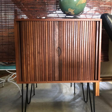 Mid Century Modern Walnut Tambour Cabinet Hairpin Legs Record Storage TV Stand  FREE Continental US Shipping!! 