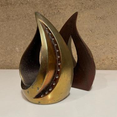 1950s Ben Seibel Modern Brass Bookends Sculptural Tear Drop Flame 