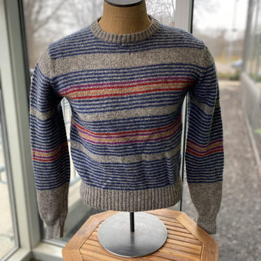 COLOURS by ALEXANDER JULIAN Vintage 1990s Striped Crew Neck 100% Shetland Wool Men's Pullover Long Sleeve Sweater - Size Medium - Retro 90s 
