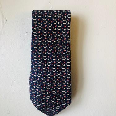 Vintage Salvatore Ferragamo Cat and Butterfly Navy Blue Silk Tie, Made in Italy 