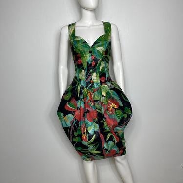 Vtg 80s Karen Alexander waxed floral cotton tulip body con dress SM 