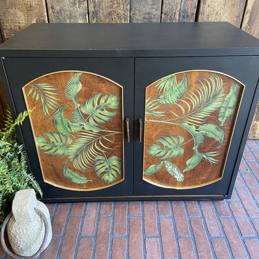 Refurbished Modern Black wood cabinet hand painted with Leafs, Accent Dresser, hand painted dresser, tropical modern cabinet, changing table 